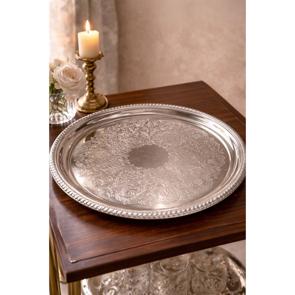 Vintage Kensington Silverplate Round Serving Tray 15” Ornate Etched Floral Rope